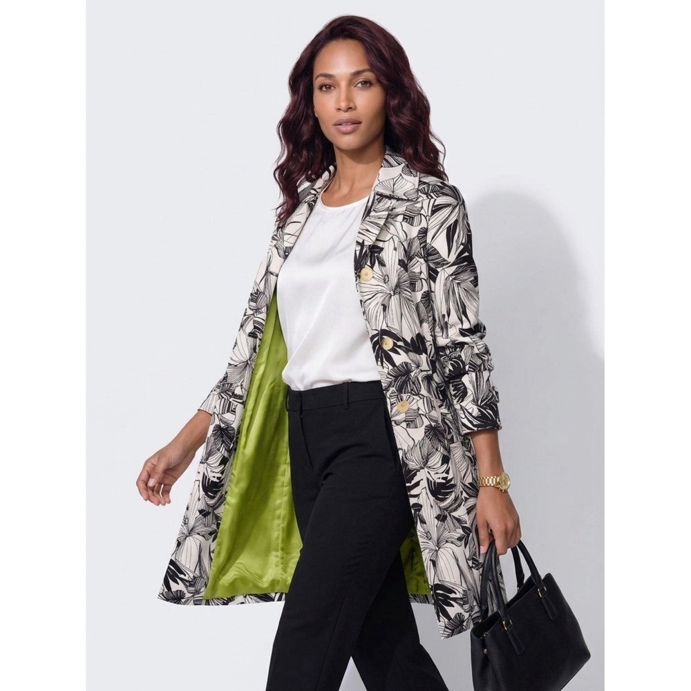 Amanda Smith Suits Tropical Floral Trench Coat Women 10 Black White Green Lining